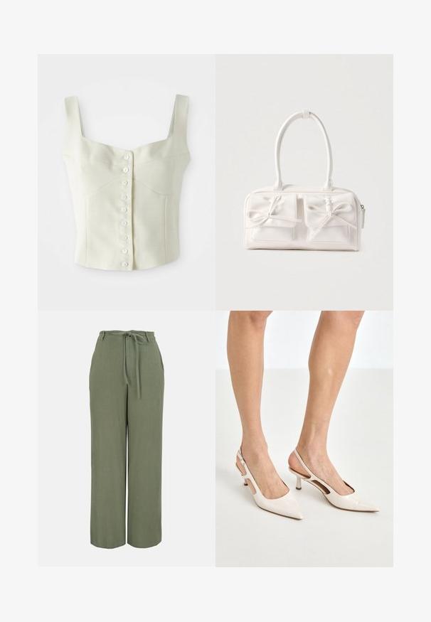 Haut court sans manches couleur crème avec de larges bretelles et une rangée de petits boutons blancs sur le devant.; Pantalon large couleur vert olive avec taille haute, poches avant, passants de ceinture et ceinture à nouer assortie en tissu.; Escarpins à talon slingback en cuir verni beige avec un bout pointu et un talon de 5 cm, présentant des côtés découpés et une fine bride à la cheville.; Sac à main synthétique blanc avec deux poches avant, chacune ornée d'un nœud noué. Texture lisse, anses arrondies et fermeture zippée.