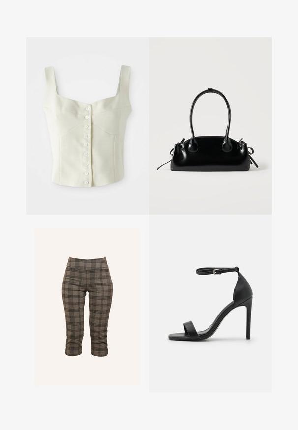 Top corto sin mangas color crema con tirantes anchos y una fila delgada de pequeños botones blancos en el centro.; Pantalones cortos de cuadros grises con una cintura elástica, corte ajustado y tejido texturizado con acentos en negro y gris más claro.; Sandalia de tacón alto negra con un diseño elegante, que cuenta con una correa en el tobillo, punta abierta y una textura de cuero suave.; Pequeño bolso negro brillante con dos asas largas y detalles de cordón lateral sobre un fondo claro liso.