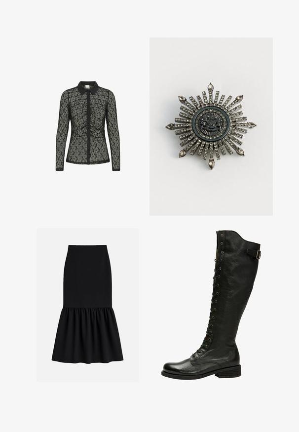 Blusa de encaje negro con mangas largas, un cuello con solapa y cierre de botones. Presenta intrincados patrones florales y una silueta ajustada.; Falda midi negra confeccionada en tela elástica, con cintura ajustada y parte inferior acampanada con pliegues y textura suave.; Bota de cuero negro hasta la rodilla con cordones en el frente, ojales de plata y hebilla lateral. Presenta un acabado texturizado y tacón apilado.; Broche en forma de estrella en metal de tono plateado con rhinestones transparentes. El diseño central presenta un emblema circular con un detallado intrincado.