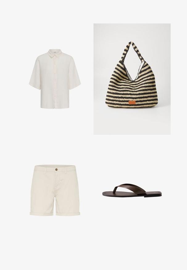Weißes kurzärmeliges Hemd mit Kragen, lockerem Schnitt und sichtbaren Knöpfen vorne.; Helle beige Baumwollshorts mit Knopfverschluss, umgeschlagenen Säumen und Seitentaschen. Glatte Textur und maßgeschneiderte Passform für Komfort.; Braune Ledersandale mit breitem Riemen und flacher Sohle, von der Seite auf weißem Hintergrund gezeigt.; Gestreifte, gewebte Tasche in Schwarz und Beige mit einem lässigen Design, strukturierten Oberflächen und einem kleinen Lederakzent.