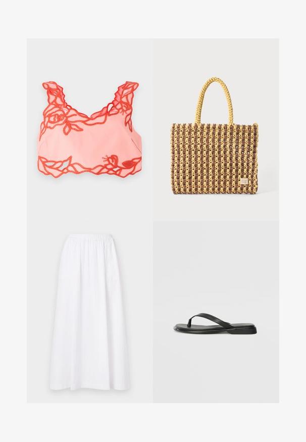 Bralette rose clair avec une bordure en dentelle florale rouge le long des bords et des bretelles festonnées, fabriqué à partir d'un tissu doux pour une finition lisse.; Jupe blanche, longueur genou, avec une taille élastique, présentant un design simple et un tissu léger, exhibant une texture lisse et unie.; Tongs noires en cuir lisse, avec un design de sangle fine et une semelle plate à profil minimal. Aucun motif ou accent notables.; Sac tissé marron et jaune, de forme rectangulaire, avec deux poignées, et une finition texturée avec des coutures visibles et une étiquette de marque.