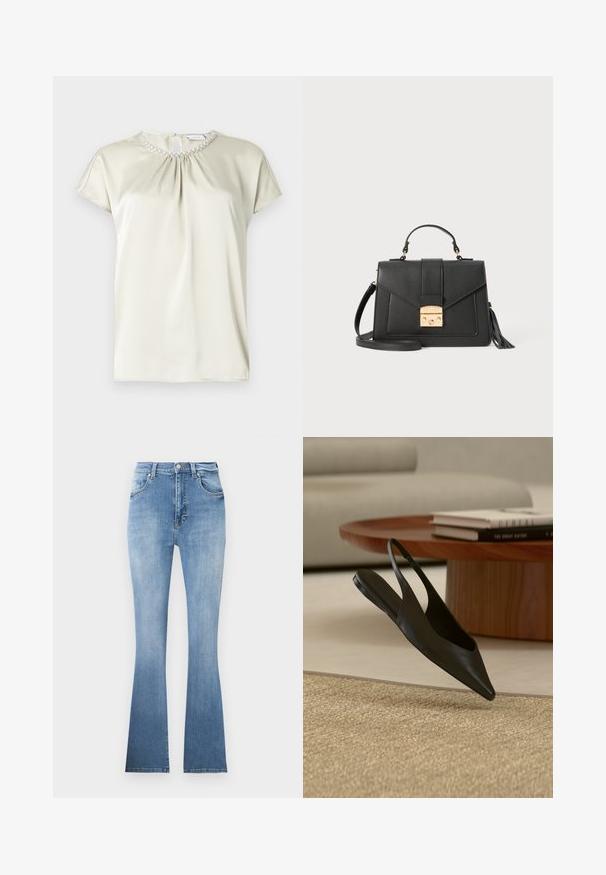 Bluse mit kurzen Ärmeln aus hellbeigem Satin, mit einem gerafften Ausschnitt, der mit kleinen perlmuttartigen Perlen verziert ist, und einem dezenten Verschluss hinten.; Helle blaue Schlagjeans aus Denim, mit hoher Taille, Fronttaschen und einem dezenten Verlauf zum Saum. Mit hellem Nähen.; Schwarzer Slingback-Flachschuh mit spitzer Spitze neben rundem Holztisch mit gestapelten Büchern auf beigem Teppich in modernem Wohnzimmer.; Schwarze Lederhandtasche mit strukturiertem Design, goldener Hardware und abnehmbarem Schultergurt. Verfügt über einen oberen Griff und ein dekoratives Quasten-Detail.
