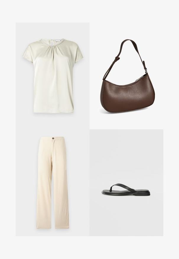 Blouse à manches courtes en satin beige clair avec un col froncé orné de petites perles nacrées et une fermeture discrète au dos.; Pantalons beige à jambes larges en tissu léger. Présentent une fermeture à boutons à l'avant et des ourlets droits. Texture lisse avec des coutures minimales.; Tongs noires en cuir lisse, avec un design de sangle fine et une semelle plate à profil minimal. Aucun motif ou accent notables.; Petit sac bandoulière en cuir marron avec sangle réglable et fermeture éclair, présenté sur fond blanc. Aucun logo ou décoration visible.