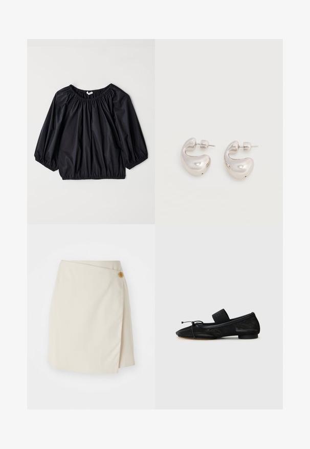 Blouse noire légère avec un col et des poignets élastiques. Présente une forme ample et ballon ainsi qu'une texture lisse et brillante.; Jupe enveloppante beige avec une fermeture à bouton sur le côté, tissu uni, lignes épurées et texture lisse, conçue pour une silhouette ajustée.; Chaussure plate noire avec un bout pointu, fabriquée en tissu texturé, avec un accent à nœud et un petit talon rond. Sangle élastique au niveau de la cheville.; Paire de boucles d'oreilles créoles épaisses argentées brillantes avec tige et fermoirs à pression sur fond blanc uni.