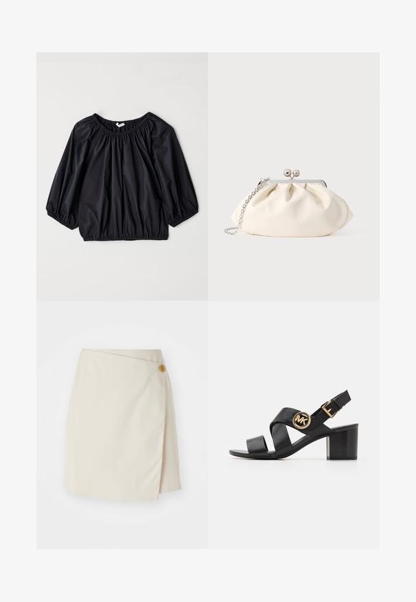 Μαύρη, ελαφριά μπλούζα με ελαστική λαιμόκοψη και μανσέτες. Διαθέτει χαλαρή, μπαλονιού μορφή και ομαλή, γυαλιστερή υφή.; Μπεζ φούστα τύπου περιτύλιξης με κλείσιμο από κουμπί στο πλάι, ομοιόμορφο ύφασμα, καθαρές γραμμές και απαλό υφή, σχεδιασμένη για εφαρμοστή σιλουέτα.; Μαύρο δερμάτινο σανδάλι με σταυρωτά λουριά και στρογγυλό λογότυπο MK. Η καμπύλη φτέρνα έχει μεσαίο ύψος, προσφέροντας σταθερότητα και κομψό σχέδιο.; Τσαντάκι φάκελος από κρεμ ύφασμα με πτυχώσεις, ασημένιο μεταλλικό πλαίσιο, δύο διακοσμητικές μπάλες και ασημένια αλυσίδα ιμάντα.