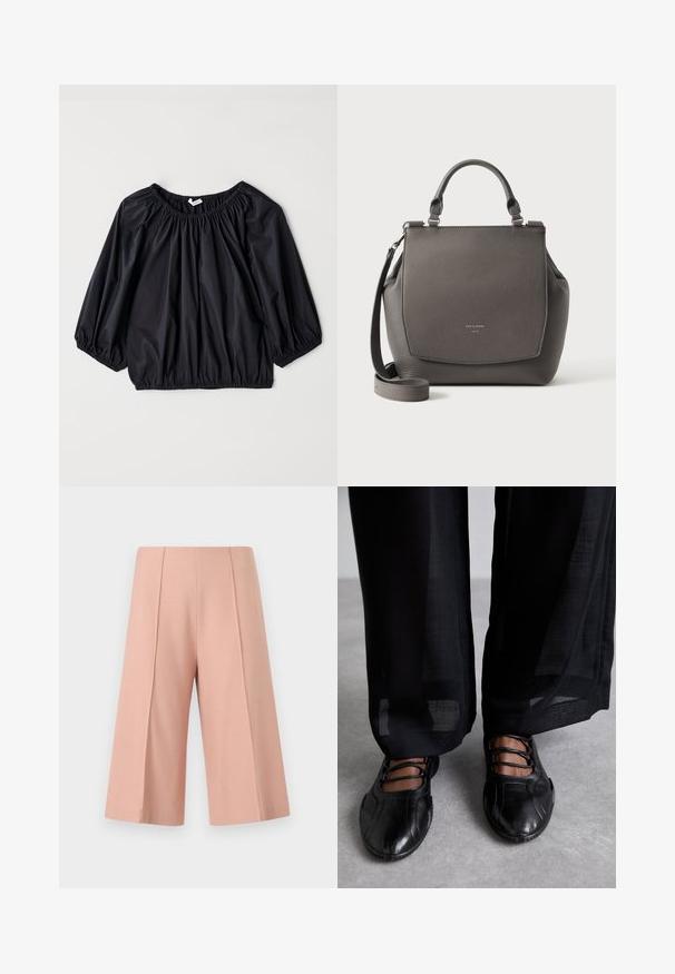 Schwarze, leichte Bluse mit einem elastischen Ausschnitt und Bündchen. Hat eine lockere, ballonartige Form und eine glatte, glänzende Textur.; AERON PEN - Shorts - mottled pink; MIISTA AVERIE - Riemchenballerina - black; Graue Lederhandtasche mit Tragegriff oben und abnehmbarem Schulterriemen, mit Überschlag vorne und dezentem Markentext auf einfarbigem Hintergrund.