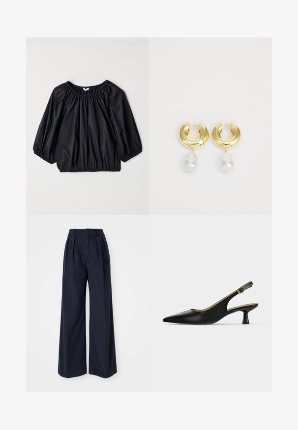 Blouse noire légère avec un col et des poignets élastiques. Présente une forme ample et ballon ainsi qu'une texture lisse et brillante.; Un pantalon large bleu marine en coton, avec des plis à l'avant, une taille haute et une fermeture éclair avec un bouton.; Escarpin slingback noir à bout pointu, petit talon évasé et bride à boucle dorée, présenté sur un fond clair uni.; Boucles d'oreilles en métal doré avec une finition polie, ornées d'une perle blanche irrégulière suspendue. Design circulaire, texture lisse.