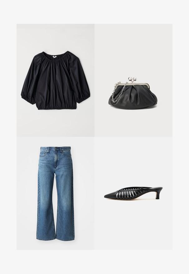 Black, lightweight blouse with an elasticized neckline and cuffs. Features a loose, balloon shape and smooth, glossy texture.; Wide-leg blue denim jeans with a mid-rise waistband, five pockets, and subtle fading. Features include belt loops and stitched detailing.; Black leather mule with pointed toe, strappy cutout design, and low kitten heel on a white background.; Black leather clutch with gathered texture, silver-tone metal frame, kiss-lock closure, and chain strap. Smooth, soft surface.