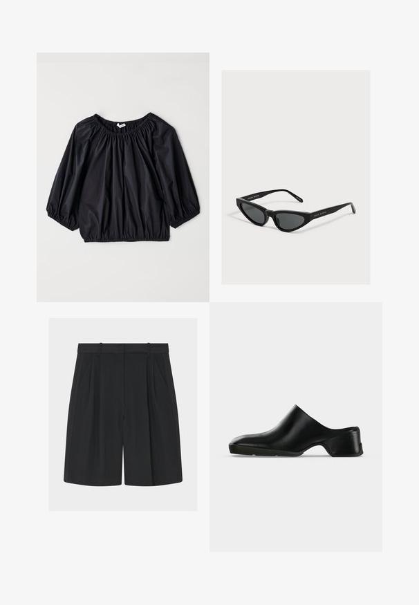 Blouse noire légère avec un col et des poignets élastiques. Présente une forme ample et ballon ainsi qu'une texture lisse et brillante.; Shorts noirs ajustés avec plis, confectionnés dans un tissu lisse. Dotés d'une taille ceinturée et de poches latérales, offrant un look structuré et sur mesure.; Mule en cuir noir avec un petit talon, un bout arrondi et un design sans fermeture, présentée en profil latéral sur un fond clair.; Lunettes de soleil noires forme œil de chat avec verres foncés et branches fines, marquées "MAGDA BUTRYM" sur le côté.