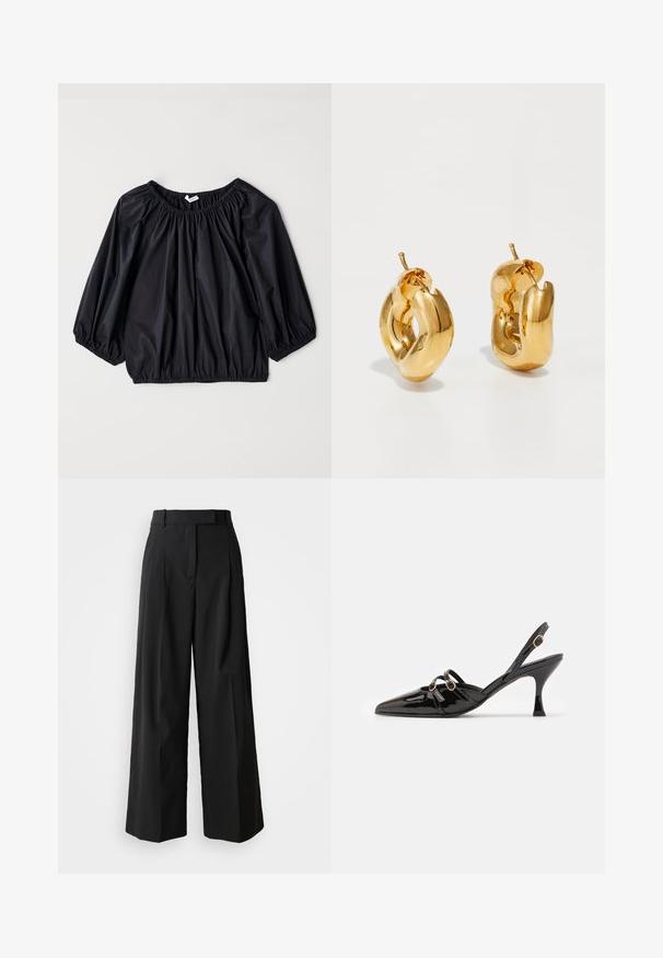 Schwarze, leichte Bluse mit einem elastischen Ausschnitt und Bündchen. Hat eine lockere, ballonartige Form und eine glatte, glänzende Textur.; Schwarze weit geschnittene Hose aus glattem Stoff mit hohem Bund, ausgestattet mit zwei vorderen Falten und einem taillierten Design.; ALOHAS JOELLE ONIX - Pumps - black; Fette goldene Creolen mit einem leicht verdrehten, röhrenförmigen Design und Steckverschlüssen auf einem weißen Hintergrund.