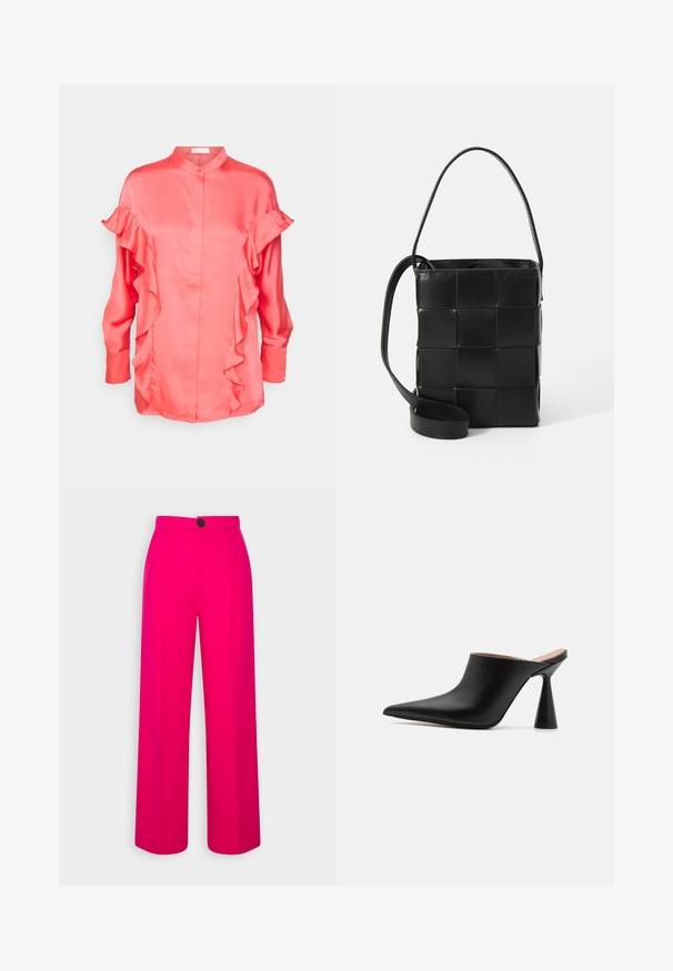 Blouse en satin rose corail à manches longues, avec des détails en volants le long du devant et des épaules, et un col mandarin à un bouton.; Pantalons larges fuchsia à taille haute, avec des plis sur le devant et une fermeture à un bouton noir. Texture lisse et design ajusté.; Mules en cuir noir avec un bout pointu et un talon conique unique. Texture lisse et design minimaliste, à dos ouvert pour un enfilage facile.; Sac en cuir noir avec un design tissé. Forme rectangulaire, courte anse et sangle ajustable. Texture lisse avec une finition mate.