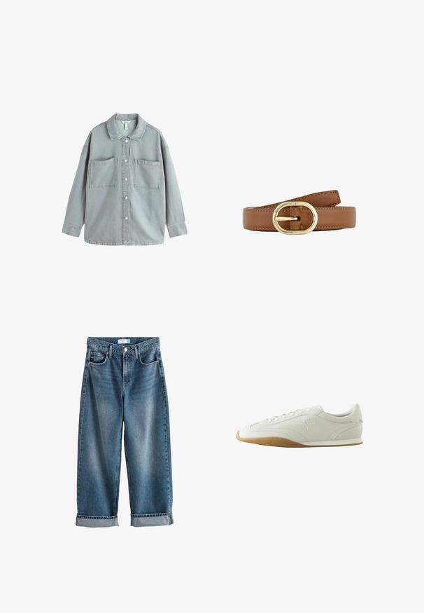 Hellgraue Jeansjacke mit Knopfleiste, weiter Kragen, zwei großen aufgesetzten Taschen vorne und langen Ärmeln.; Next BOYFRIEND TURN UP - Jeans Straight Leg - mid blue; Weißer Sneaker mit brauner Gummisohle, Nahtdetails, Schnürung vorne und gesticktem Logo an der Seite.; Brauner Ledergürtel mit ovaler goldener Schnalle und sichtbarer Naht, ordentlich auf weißem Hintergrund aufgerollt.