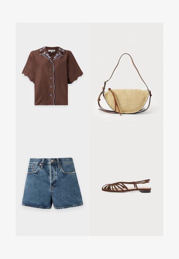 Braune Kurzarmbluse mit blau besticktem Blumenkragen und passender blauer Paspelierung entlang der Knopfleiste und am Saum.; Denim-Shorts in Mittelblau mit hoher Taille, fünf Taschen, kontrastierenden Nähten und einem Metallknopfverschluss. Strukturierter Stoff mit einem leichten Verblassen.; Braune flache Sandale mit mehreren dünnen Riemen und einer kleinen Schnalle am Knöchel vor hellem Hintergrund.; Geflochtene Strohtasche in Halbmondform, mit einem braunen Ledertrageriemen und Akzenten. Strukturierte, natürliche Farbe mit glatten Kanten.