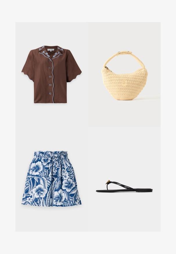 Blouse marron à manches courtes avec col floral bleu brodé et passepoil bleu assorti le long de la ligne de boutons et de l'ourlet.; Shorts à motif floral bleu et blanc avec une taille élastique, un détail de cordon de serrage et une coupe évasée. Fabriqués en tissu léger.; Sandale plate noire en forme de tongs avec plusieurs fines lanières et une petite déco dorée en forme de larme sur la lanière avant.; Sac à main beige tissé avec corps arrondi, fermeture éclair et une sangle courte et épaisse dans un style crochet simple et texturé.