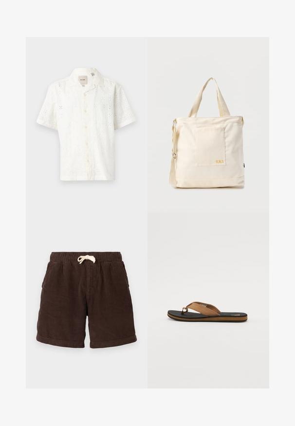 Kurzärmliges weißes Hemd aus strukturiertem Baumwollstoff mit floralem Lochmuster, Knopfleiste und Kragen.; Braune Cordshorts mit elastischem Bund, Kordelzugverschluss und seitlichen Taschen. Der Stoff weist vertikale Rippungen und eine strukturierte Oberfläche auf.; Braune Flip-Flops mit einer strukturierten schwarzen Gummisohle, ausgestattet mit einem glatten Wildlederriemen und minimalistischem Design. Die Farbe des Randes kontrastiert mit der Sohle.; Beige Canvas-Shopper mit Fronttasche, zwei Griffen, verstellbarem Schulterriemen und kleinem gelbem "O.N.S"-Text unten rechts auf der Tasche.