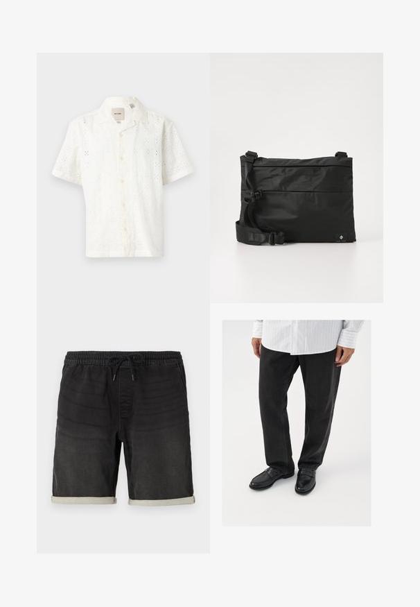 Lühikeste varrukatega valge särg, mis on valmistatud tekstureeritud puuvillast ja millel on lilleline silmadega muster, nööbid ees ja krae.; Mustad denim lühikesed püksid elastse vöökoha ja nöörihemaga. Omab rullitudäärte ja peeneid tekstuurimuutusi kogu ulatuses.; Mustad denim püksid koos läikivate mustade mokassiinidega. Särk on valge, millel on õhukesed vertikaalsed triibud, pikkade varrukatega ja nööpidega kraega.; Mustast nailonist kullerikott reguleeritava rihmaga, lame disain ja külgedel asuv logo sildiga. Sile tekstuur ja minimalistlik stiil.