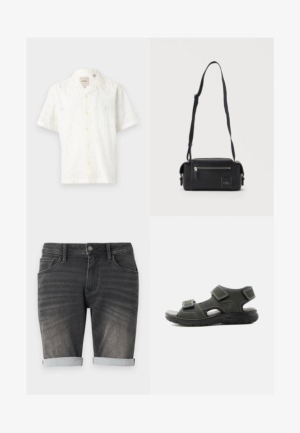 Korte mouwen witte shirt van textuurt katoen met een bloemig oogjespatroon, knoopsluiting aan de voorkant en kraag.; Grijze denimshorts met een omgerolde zoom, voorzien van een vijf-pocket ontwerp, knoopsluiting en subtiele vervaging langs de stof.; Zwart-grijze herensandaal met open teen, twee verstelbare klittenbandriemen en een gevoerde zool op een witte achtergrond.; Zwarte rechthoekige crossbodytas met voorvak met rits, verstelbare schouderriem en kleine Calvin Klein logo-patch.