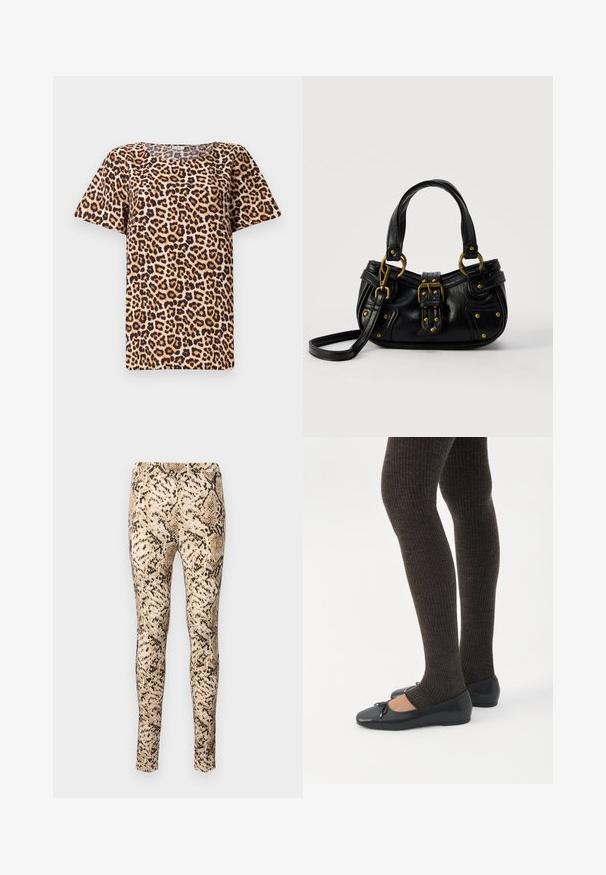 Top à manches courtes en imprimé léopard, avec un col rond, réalisé en tissu doux sur un fond beige avec des taches brun-noir.; Leggings imprimés serpent en beige et noir avec un design ajusté, dotés d'une texture lisse et d'une taille extensible pour plus de confort.; Jambes portant des leggings côtelés foncés associés à des ballerines noires avec de petits détails en nœud sur fond blanc.; Sac à main en cuir noir avec boucle dorée et détails à rivets, poignées courtes et bandoulière réglable sur fond blanc uni.