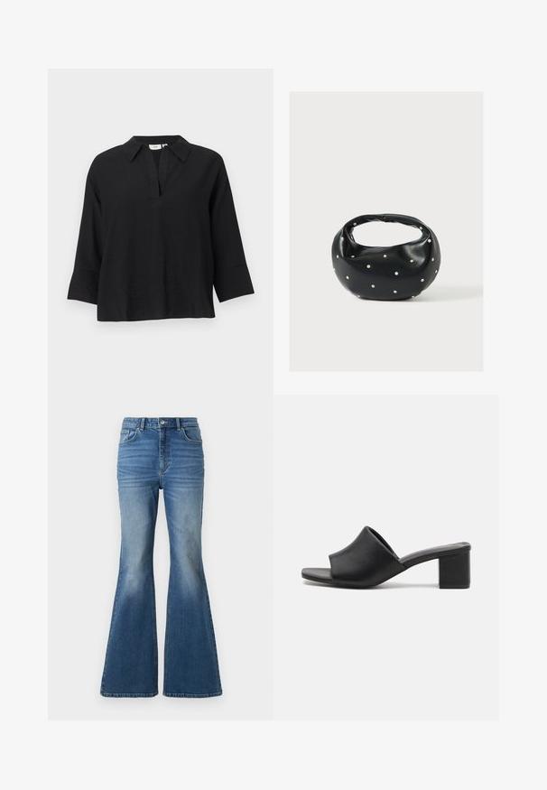 Blouse noire à manches longues avec un large col et une fente en V, dotée de poignets larges et d'une coupe décontractée.; Jean en denim bleu taille haute, évasés, avec un effet délavé, comportant deux poches avant, une fermeture à bouton, et des détails cousus sur les coutures.; Mules à talons carrés en cuir noir avec un bout ouvert, présentant une surface lisse et un upper légèrement courbé pour le confort et le style.; Sac à main en cuir noir de forme arrondie, décoré de clous argentés et équipé d'une poignée courte. Texture lisse et fermeture éclair.
