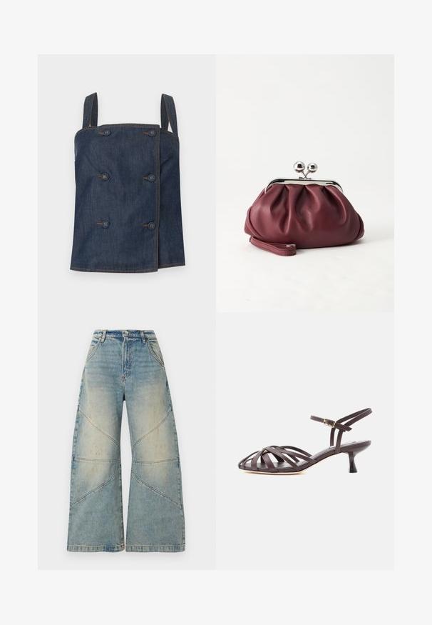 Haut sans manches en denim bleu foncé avec un double boutonnage et des coutures marron visibles sur un fond clair.; Jean bleu clair à jambes larges, taille haute, fermeture par bouton et zip, poches avant et détails de coutures diagonales.; Sandale à talon kitten en cuir marron foncé avec lanières et bride de cheville réglable à boucle sur fond blanc.; Petit sac pochette en cuir bordeaux avec fermoir métallique argenté et bracelet sur fond blanc.