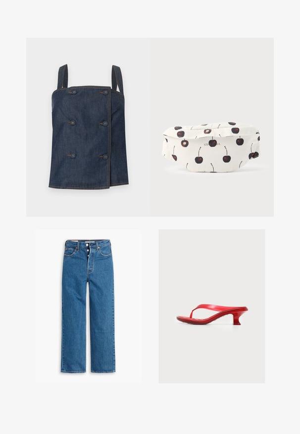 Donkerblauwe denim mouwloze top met dubbelgeknoopt ontwerp en zichtbare bruine stiksels op een lichte achtergrond.; Blauwe denim jeans met rechte pijpen en hoge taille, vijf zakken en een knoopsluiting. Merkbare stiksels en koperen klinknagels.; Rode lakleren sandalen met hak, teenslipperbandje en gebogen hak van middelhoogte op witte achtergrond.; Witte stoffen heuptas met zwarte en rode kersenprints en subtiele "STINE GOYA" branding aan de voorkant.