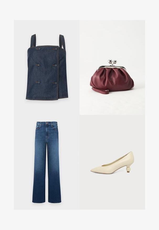 Haut sans manches en denim bleu foncé avec un double boutonnage et des coutures marron visibles sur un fond clair.; Jean large avec un dégradé de bleu, doté d'une taille haute, de cinq poches et de coutures contrastantes pour plus de détails.; Chaussure femme couleur crème à bout pointu avec un petit talon rond en forme de boule, sur fond uni.; Petit sac pochette en cuir bordeaux avec fermoir métallique argenté et bracelet sur fond blanc.