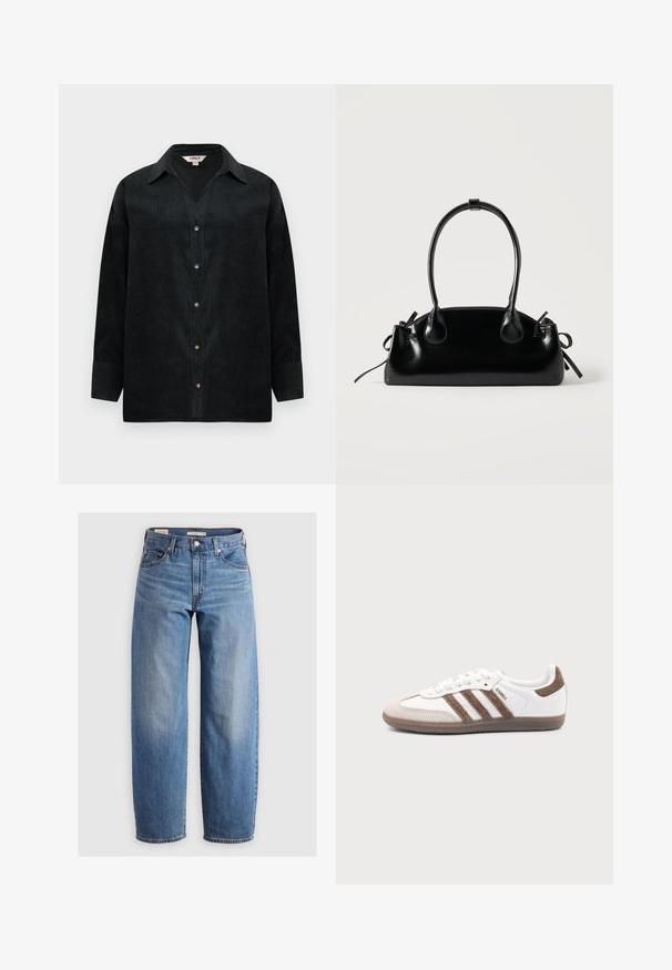 Schwarzes Cordhemd mit V-Ausschnitt, langen Ärmeln, Knopfverschluss und subtiler Textur. Verfügt über kontrastierende Knöpfe und eine lockere Passform.; Helleblaue, gerade geschnittene Jeans aus Denim. Merkmale ein klassisches Fünf-Taschen-Design und dezente Ausbleichungen entlang der Beine.; Weißer Adidas Samba Sneaker mit braunen Wildlederstreifen, brauner Gummisohle und beiger Wildlederkappe, von der Außenseite auf schlichtem Hintergrund gezeigt.; Kleine schwarze glänzende Handtasche mit zwei langen Griffen und seitlichen Kordelzug-Details vor einfachem hellem Hintergrund.