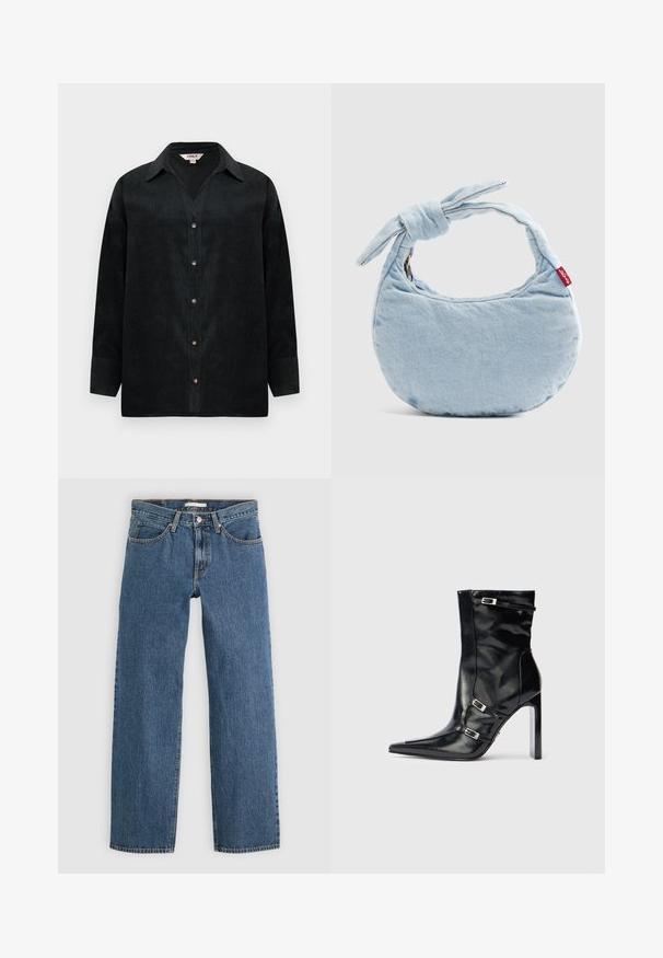 Schwarzes Cordhemd mit V-Ausschnitt, langen Ärmeln, Knopfverschluss und subtiler Textur. Verfügt über kontrastierende Knöpfe und eine lockere Passform.; Blaue Jeans aus Denim mit geradem Schnitt, fünf Taschen, Knopfverschluss und kontrastierenden Nähten an den Säumen.; Schwarze Leder-Ankle-Boots mit spitzer Zehenform, hohem Absatz und dekorativen silbernen Schnallen an den Seiten für zusätzliche Details.; Hellblaue Jeans-Schultertasche mit Knoten-Detail am Griff und einem kleinen roten Levi's-Tag an der Seite.