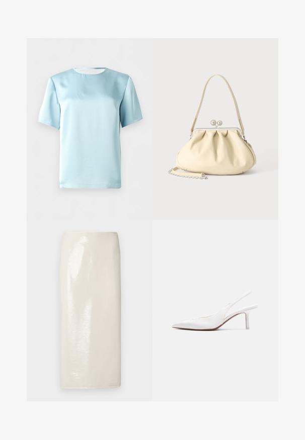 Blouse en satin bleu clair à manches courtes avec un col rond, présentée sur un fond blanc uni.; Jupe crayon brillante de couleur crème avec une texture lisse et une silhouette ajustée, présentant une coupe longueur genou et sans fermetures visibles.; Chaussure pour femme en cuir blanc avec bride arrière, bout pointu, petit talon kitten bas et petit nœud décoratif sur le dessus, vue de profil latéral.; Sac à main en cuir souple couleur crème avec un design froncé, fermoir cadre argenté, poignée courte et bandoulière chaîne amovible.