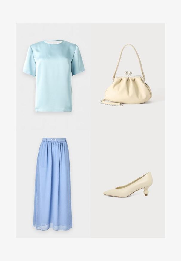 Lichtblauwe satijnen blouse met korte mouwen en een ronde halslijn, getoond op een effen witte achtergrond.; Lichtblauwe maxi rok van doorschijnende stof met een geraffineerde taille, voorzien van zilveren knoopdetails en een subtiel patroon van kleine witte stippen.; Dames schoen in roomkleur met een puntige neus en een lage, ronde balvormige hak op een effen achtergrond.; Crèmekleurige zachte leren handtas met geplooid ontwerp, zilveren frame sluiting, korte handgreep en een afneembare kettingriem.