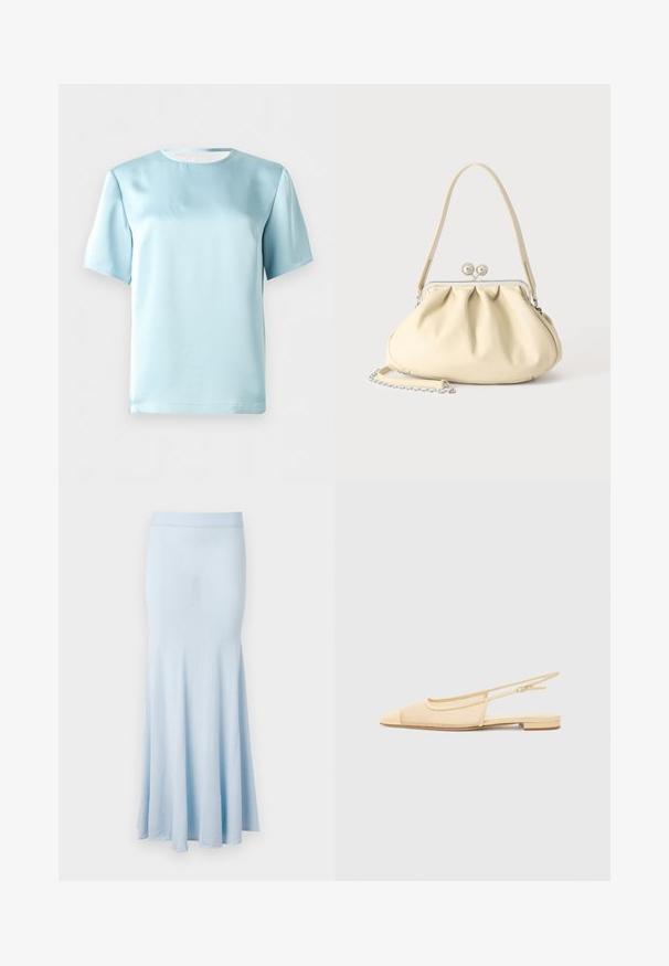 Hellblaue Satinbluse mit kurzen Ärmeln und rundem Ausschnitt, auf weißem Hintergrund dargestellt.; Helle blaue Strickrock mit ausgestellt geschnittenem Saum, mittellangem Design und einem gerippten Taillenbund. Glatte Textur, keine sichtbaren Muster oder Akzente.; Slingback-Ballerina in hellbeige mit einem Netz-Obermaterial, spitz zulaufender Zehenpartie und niedrigem Absatz. Verfügt über einen verstellbaren Riemen für eine optimale Passform.; Cremafarbene weiche Lederhandtasche mit gerafftem Design, silbernem Rahmenschloss, kurzem Griff und abnehmbarem Kettenriemen.