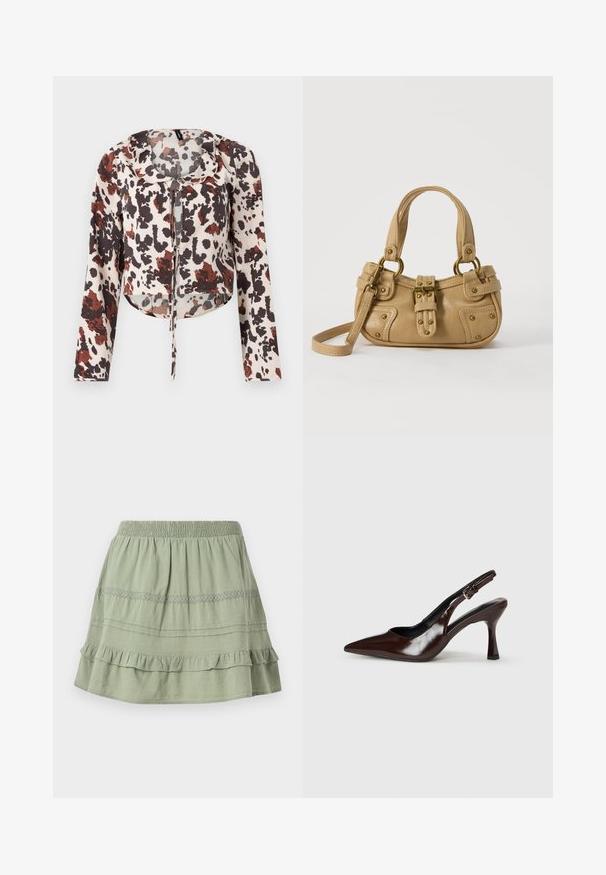 Korte blouse met een trekkoord, met een beige basis en een bruine en rode abstracte print. Lange mouwen en een zachte, gestructureerde stof.; Groene katoenen rok met een smockband, gelaagde volant en een kantpatroon ter versiering van het middelste gedeelte.; Bruine gepatineerde leren slingback pumps met een spitse neus, een dunne hak en een verstelbaar bandje met een kleine gesp.; Beige leren handtas met dubbele handvatten, messing gesps en klinknagel details, en een verstelbare schouderriem tegen een witte achtergrond.