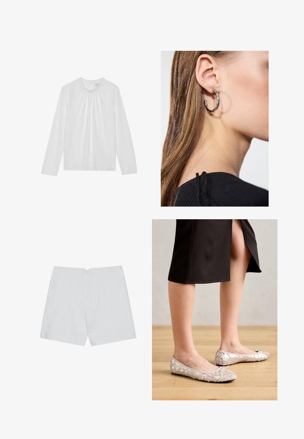 Hvid langærmet top med rund halsudskæring og samlet detalje omkring kraven. Fremstillet af glat stof og har en nøglehulslukning på ryggen.; Hvide shorts med et skræddersyet design, flad front, to sidelommer og en ren kant. Fremstillet af et glat stof uden synlige mønstre.; Beige stæl ballet flats med en rund tå, der har en bueaccent, parret med en sort nederdel, vist på et trægulv.; Sølv hoop ørestik med en poleret overflade, prydet med små guld accenter og en rund form, båret på øreflippen.