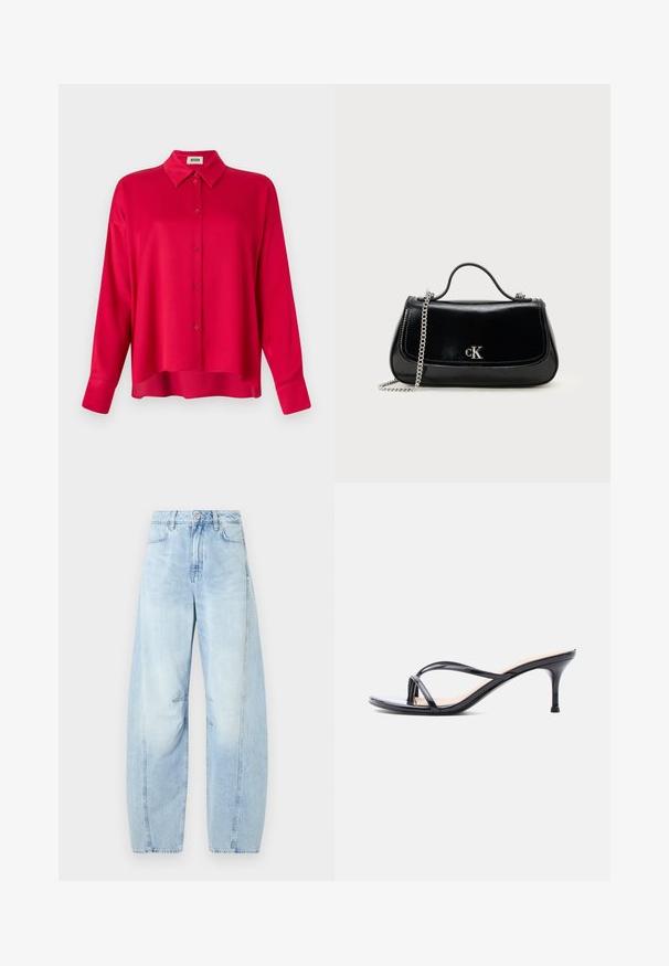 Rode button-up shirt met een kraag, lange mouwen en een relaxte pasvorm. Gladde textuur, geen zichtbare patronen of accenten.; Lichtblauwe denim wijde jeans met een hoge taille, voorzien van een knoopsluiting, voorzakken en subtiele vervaging.; Zwarte laklederen sandaal met hakken, dunne gekruiste bandjes en een slanke, middelhoog stilettohak op een witte achtergrond.; Zwarte leren handtas met een ketting schouderband, gestructureerde vorm en een zilveren logo-accent. Gladde textuur met een flapsluiting.