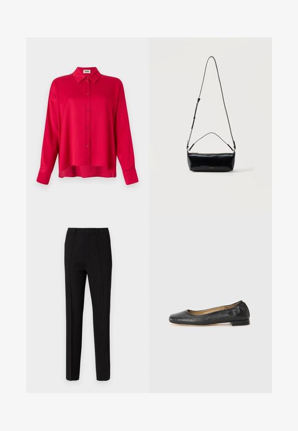 Chemise rouge à boutons avec col, manches longues et coupe décontractée. Texture lisse, sans motifs ni accents visibles.; Pantalon noir à coupe slim, doté d'une fermeture à bouton, de deux poches latérales et d'une texture de tissu lisse. Des rayures verticales sont visibles.; Ballerines en cuir noir avec un bout arrondi et des coutures minimales. Talon bas et rectangulaire avec une texture lisse. Détails subtils de doublure intérieure.; Sac bandoulière rectangulaire en cuir noir avec bandoulière ajustable, fermeture éclair sur le dessus et petit logo Calvin Klein doré sur le devant.