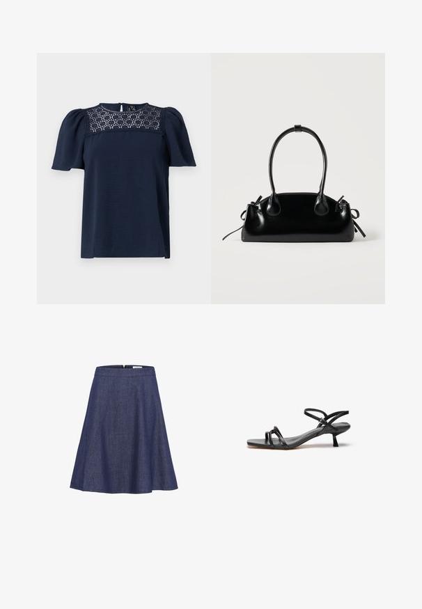 Navyblauw T-shirt met korte mouwen, een textuur op het lichaam en een kanten paneel bij de halslijn. Sluiting met knopen aan de achterkant, licht gepofte mouwen.; Denim A-lijnrok, donkerblauw, knie-lengte, met een soepele tailleband met een verborgen rits en een vloeiende silhoutte. Subtiele textuurdetail.; Zwarte leren sandaal met een slank, minimalistisch ontwerp. Heeft twee dunne banden en een kleine, schuine hak. Gladde textuur en open teen.; Kleine zwarte glanzende handtas met twee lange hengsels en zijkant trekkoord details op een effen lichte achtergrond.