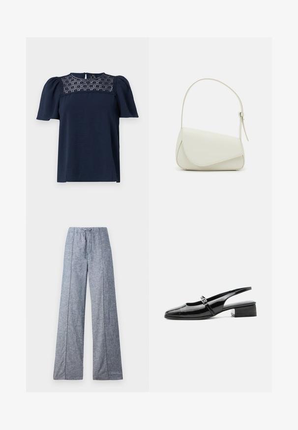 Haut bleu marine à manches courtes avec un corps texturé et un panneau en dentelle au niveau du col. Fermeture à boutons au dos, manches légèrement bouffantes.; Pantalons larges en tissu bleu clair avec une texture subtile, dotés d'une taille élastiquée et d'un cordon de serrage pour l'ajustement.; Chaussure slingback en cuir verni noir avec un petit talon bloc et une fine bride avec une boucle argentée sur le dessus.; Sac à main en cuir synthétique blanc avec une forme triangulaire structurée, une bandoulière unique réglable et un rabat à courbes accentuées.