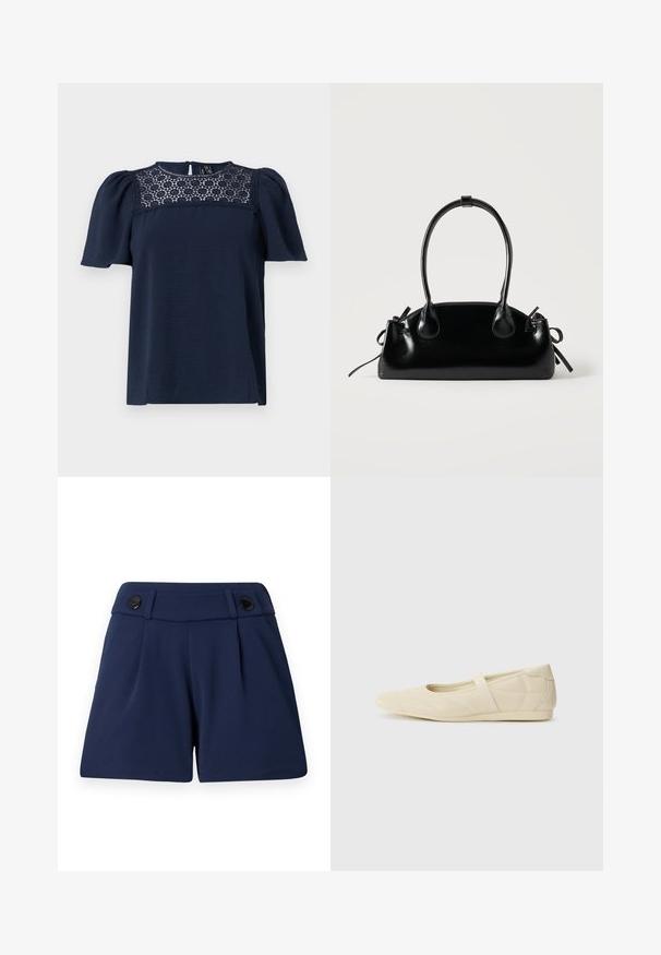Haut bleu marine à manches courtes avec un corps texturé et un panneau en dentelle au niveau du col. Fermeture à boutons au dos, manches légèrement bouffantes.; Shorts ajustés bleu marine en tissu léger, avec deux plis devant et deux boutons noirs à la taille.; Ballerines beiges avec une exterior en cuir lisse, un bout en forme d'amande et une sangle élastique sur le coup de pied, avec des détails de couture subtils.; Petit sac à main noir brillant avec deux longues anses et des détails à cordon sur les côtés sur un fond clair uni.
