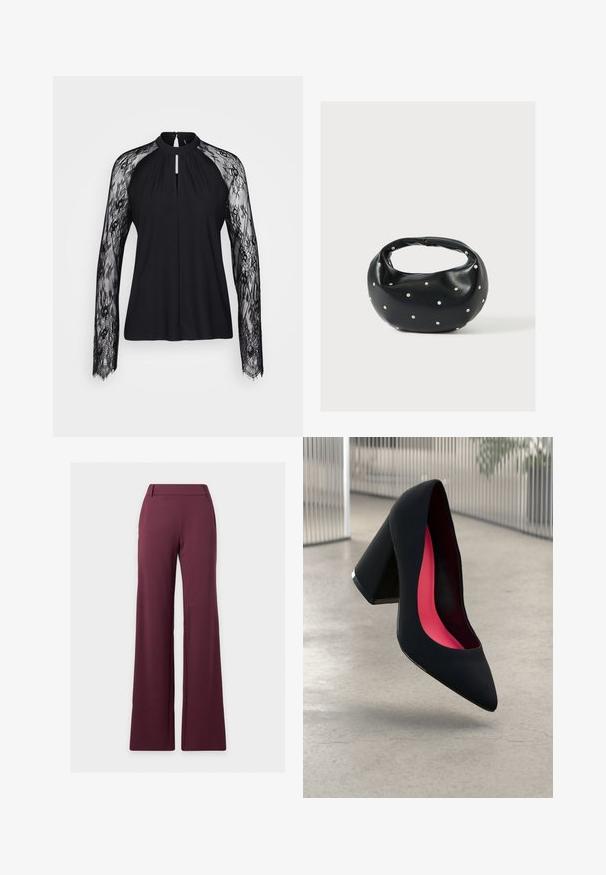 Zwarte blouse met lange kanten mouwen, hoge hals en een sleutelgatdetail aan de voorkant. Het gladde lijfje contrasteert met de ingewikkelde kanttextuur.; Dames brede broek met hoge taille in donker bordeaux met riemlussen en zonder zichtbare zakken.; Zwarte hoge hak met een spitse neus en een gestructureerd bovenwerk. Interieur met felroze voering. Vierkante hak met een metallic accent aan de basis.; Zwarte leren handtas met een afgeronde vorm, versierd met zilveren studs, en een korte handgreep. Gladde textuur en ritsluiting.