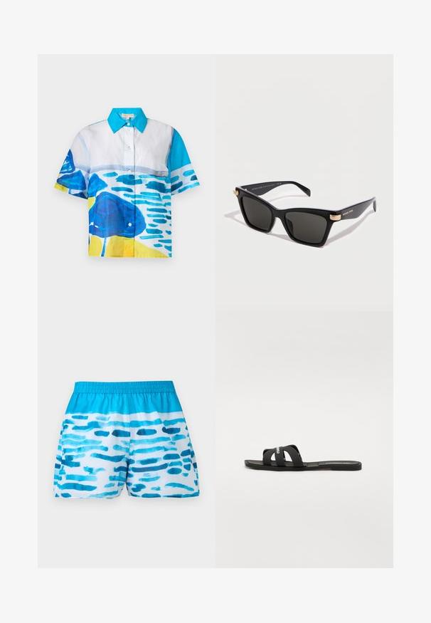 Kurzärmeliges Hemd mit Knopfleiste, blauem Kragen und abstrakten blauen, weißen und gelben Aquarellmustern auf Vorderteil und Ärmeln.; Herren blaue und weiße Badeshorts mit abstrakten horizontalen Pinselstrichmustern und elastischem Bund vor einem einfarbigen Hintergrund.; Schwarze Riemensandale mit flacher Sohle und zwei breiten, überkreuzten Riemen. Hergestellt aus glattem Material, mit einem minimalistischen Design und ohne sichtbare Muster.; Schwarze rechteckige Michael Kors Sonnenbrille mit dunklen Gläsern und goldenen Akzenten an den Scharnieren, gezeigt vor weißem Hintergrund.