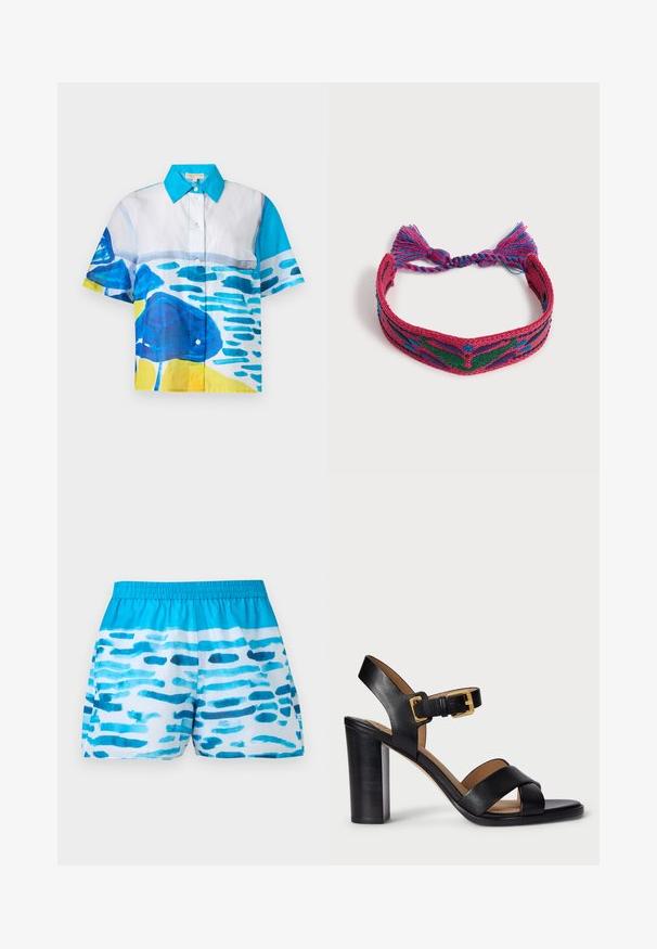 Chemise à manches courtes avec boutons, col bleu et motifs abstraits aquarelle bleus, blancs et jaunes sur le devant et les manches.; Short de bain homme bleu et blanc avec motifs abstraits horizontaux de coups de pinceau et taille élastique sur un fond uni.; Sandales à talons en cuir noir avec un design à lanières croisées et une fermeture à boucle. Elles possèdent un talon épais et une texture lisse.; Bracelet en tissu tissé rouge, violet, vert et bleu avec un motif papillon symétrique et des liens à pampilles tressés sur fond blanc.