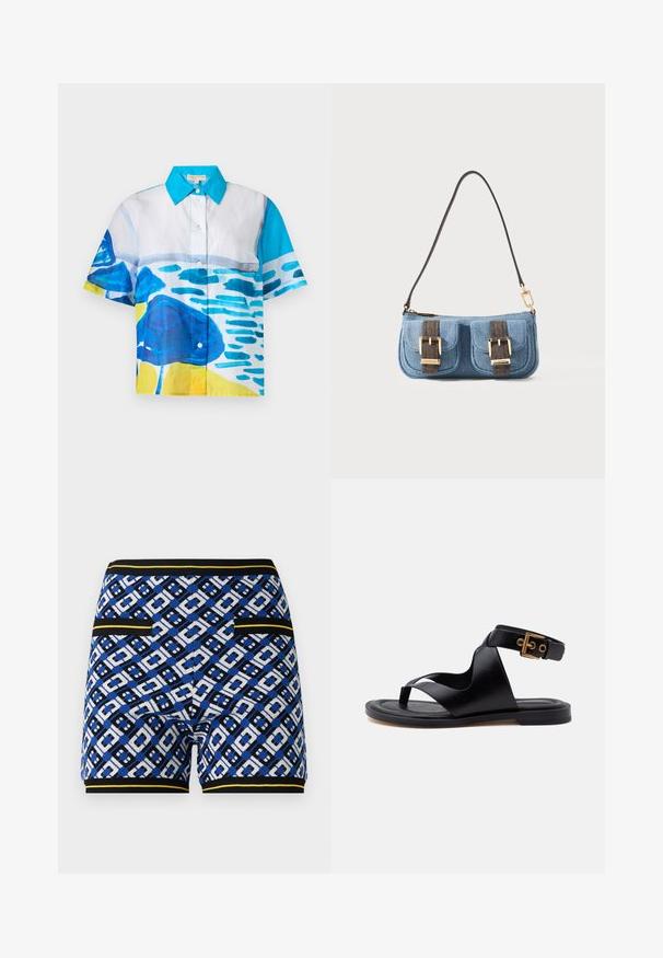 Korte mouwen overhemd met knopen, blauwe kraag en abstracte blauwe, witte en gele aquarelpatronen over de voorkant en mouwen.; Gehaakte shorts met een blauw, zwart en wit geometrisch patroon, met contrasterende gele accenten en zijzakken.; Zwarte platte sandalen met een teenlus, brede leren kruisriemen en een enkelbandje met een goudkleurige gesp.; Kleine blauwe denim schoudertas met twee voorzakken beveiligd met donkerbruine riemen en gouden gespen, en een dun donkerbruin schouderriem.