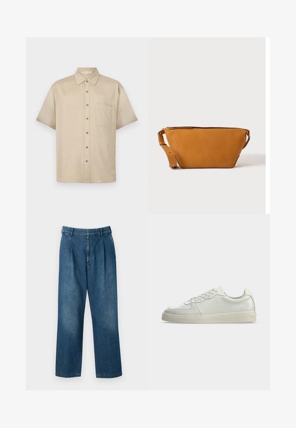 Korte mouwen, lichtbeige shirt gemaakt van zachte stof, met een kraag, sluiting met knopen aan de voorkant en een enkele borstzak.; Blauwe denim broek met een rechte pijp, voorzien van een hoge taille, plooien aan de voorkant en een klassieke knoopsluiting. Gladde textuur.; Witte lage leren sneaker met vetersluiting en een off-white rubberen zool, gezien van opzij tegen een effen achtergrond.; Lichtbruine leren crossbodytas met verstelbare band en ritssluiting, getoond tegen een effen lichte achtergrond.