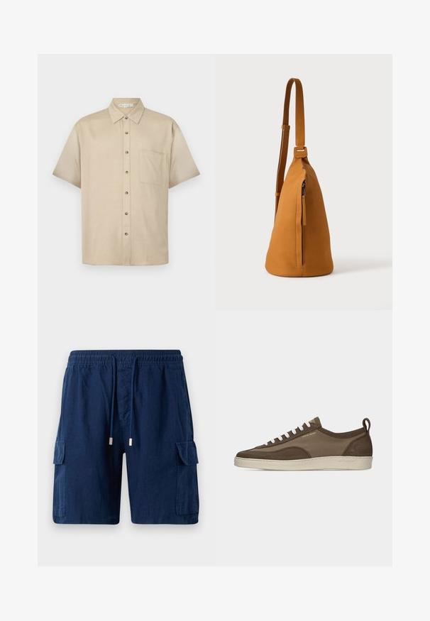 Kurzärmliges, hellbeiges Hemd aus weichem Stoff, mit Kragen, vorderem Knopfverschluss und einer einzelnen Brusttasche.; Marineblaue Cargo-Shorts aus leichtem Material, mit einem elastischen Bund und Kordelzug, zwei Seitentaschen und einer Beintasche.; Flacher brauner Sneaker mit weißen Schnürsenkeln, beiger Sohle, Obermaterial aus Stoff und Wildleder, seitlicher Zuglasche und "Tiger of Sweden"-Logo in goldener Schrift.; Hellbraune Leder-Umhängetasche mit verstellbarem Trageriemen und vertikaler Reißverschlusstasche, von der Seite vor hellem, einfarbigem Hintergrund gezeigt.
