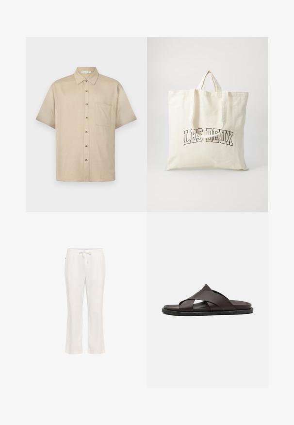 Kortærmet, lys beige skjorte lavet af blødt stof, med krave, frontlukning med knapper og en enkelt brystlomme.; Lettere, hvide linnedbukser med elastisk talje og snorbindning. Lige ben-design med en glat tekstur og uden bemærkelsesværdige mønstre.; Stuart Weitzman BERKLEY - Slip-on sandaler - espresso; Canvas tote bag i off-white, med korte håndtag og teksten "LES DEUX" trykt i fede sorte bogstaver. Holdbart, simpelt design.