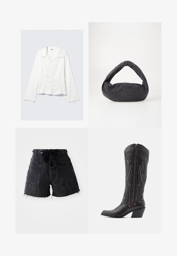 Weißes Hemd mit langen Ärmeln und Kragen, tailliertes Design, strukturierter Stoff, Knopfleiste vorne und ausgestellte Ärmel. Markenetikett sichtbar.; Schwarze Denim-Shorts mit fransigem Saum, ausgestattet mit zwei großen vorderen Taschen und einem Kordelzugbund. Das Material hat eine strukturierte Oberfläche.; Braune Cowboy-Stiefel aus Leder mit Flammenstickerei, seitlichem Reißverschluss, silbernen Nieten, spitzer Zehenpartie und geschichtetem Absatz.; Dunkelgraue Stofftasche mit einem gebogenen Griff, weicher Textur und runder Form. Keine sichtbaren Beschläge oder Verzierungen.