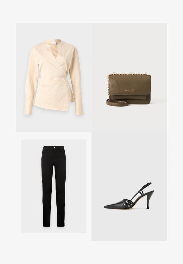 Beige Wickelbluse aus Baumwolle, mit langen Ärmeln, einem tiefen V-Ausschnitt und einer seitlichen Bindung für Form und Struktur.; Schwarze Denim-Jeans mit schmaler Passform, mit Knopfverschluss, Gürtelschlaufen und Fronttaschen. Glatte Textur und klassisches Design.; Schwarze Leder-Slingback-Pumps mit spitzem Zehenbereich, über Kreuz verlaufendem Riemendesign und schmalem Stiletto-Absatz. Glatte Oberfläche und minimalistische Akzente.; Olivgrüne Michael Kors Umhängetasche aus Leder mit Überschlagverschluss, goldener Kettenriemen und Fronttasche, auf weißem Hintergrund dargestellt.