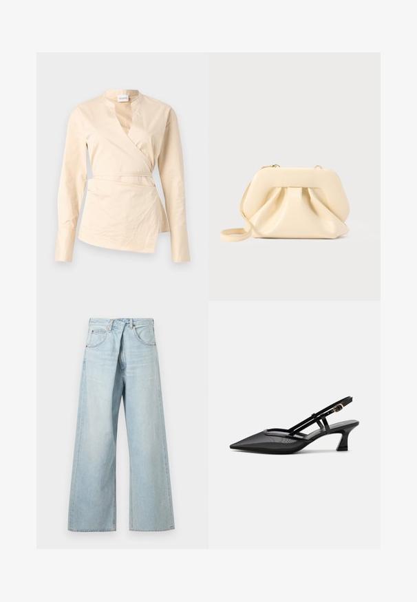 Chemise wrap beige en coton, dotée de manches longues, d'un profond décolleté en V et d'un détail de lien sur le côté pour la forme et la structure.; Jean denim bleu clair à jambes larges avec passants de ceinture et poches avant, présenté de face sur un fond uni.; Chaussure slingback noire à bout pointu avec tige en mesh, fines brides, boucle dorée et petit talon incurvé sur fond blanc.; Pochette en cuir souple beige avec cadre structuré et détail plissé à l'avant, équipée d'une fine bandoulière pour poignet et d'une fermeture éclair dorée.