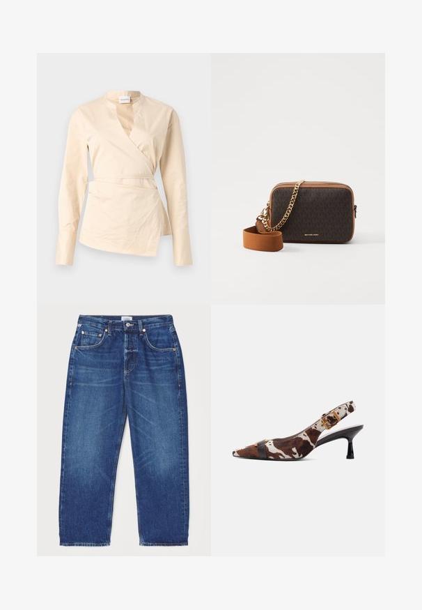 Chemise wrap beige en coton, dotée de manches longues, d'un profond décolleté en V et d'un détail de lien sur le côté pour la forme et la structure.; Citizens of Humanity DAHLIA IN CLAREMONT - Jean boyfriend - dark-blue denim; Chaussure à talon kitten slingback avec imprimé vache brun et blanc, bout pointu, bride noire sur le devant, et détail de boucle dorée sur la bride de la cheville.; Sac bandoulière marron à motifs avec une chaîne dorée et une sangle en tissu, fermeture à zip et logo embossé à l'avant.