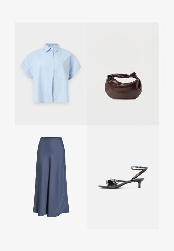 Camisa de manga corta de color azul claro con cuello y botones delanteros ocultos, y un solo bolsillo en el pecho, mostrada sobre un fondo liso.; Falda A-line de satén en azul oscuro. Textura suave, de largo hasta el suelo, con cintura ajustada y dobladillo acampanado. Sin patrones visibles ni elementos de hardware.; Sandalia de charol negro con tiras delgadas, tacón pequeño tipo gatito y cierre ajustable con hebilla en el tobillo.; Bolso de hombro de cuero marrón oscuro con una forma suave y caída, y un asa con nudo torcido sobre un fondo blanco liso.